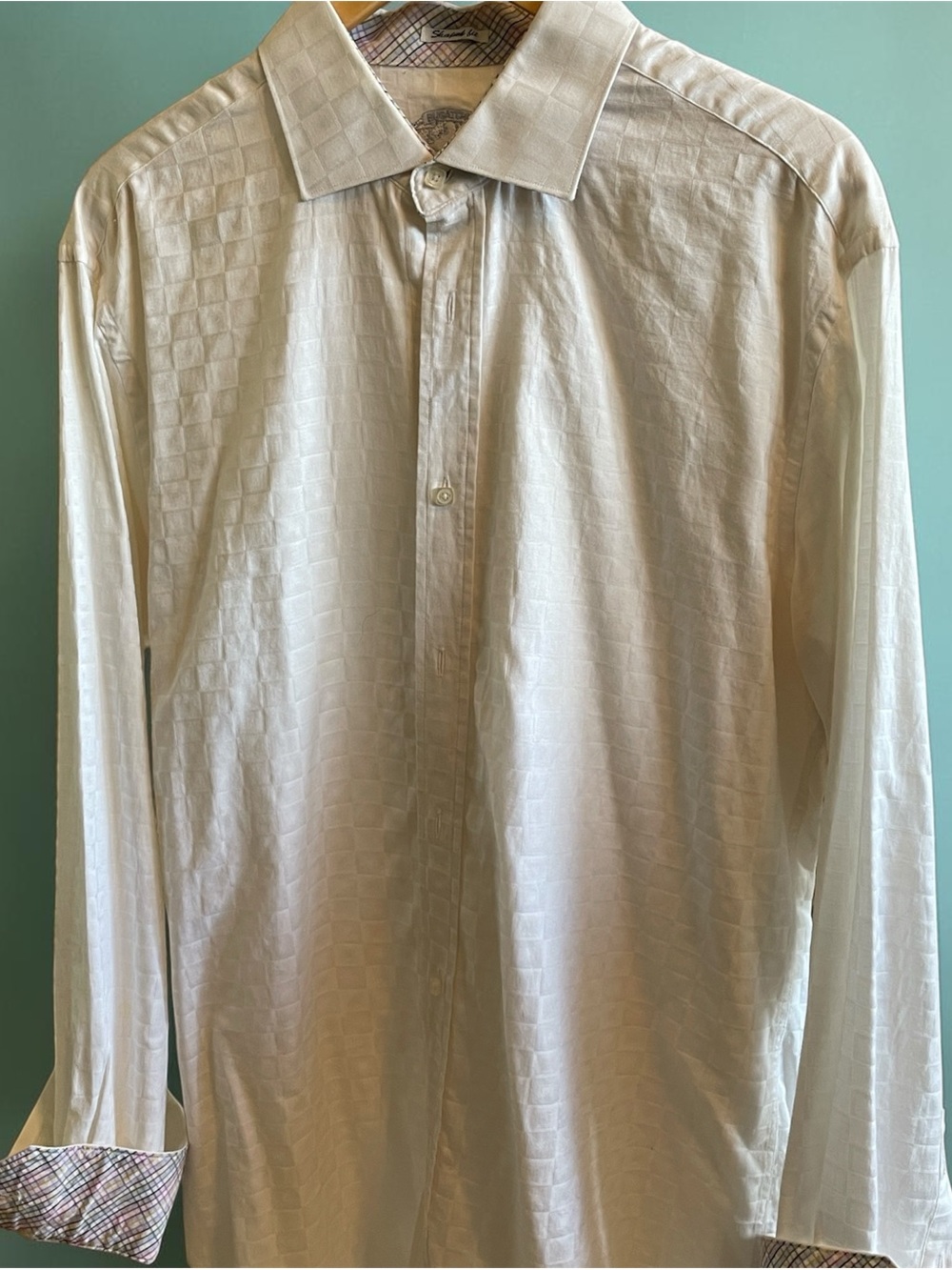 Bugatchi Shaped Fit White Dress Shirt with Patterned Cuffs